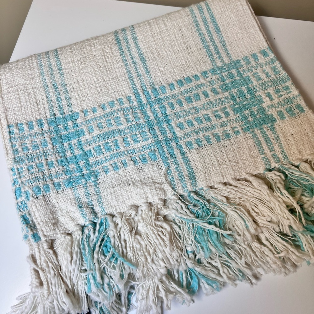 Cynthia Rowley teal and cream fringed placemats. NWOT.